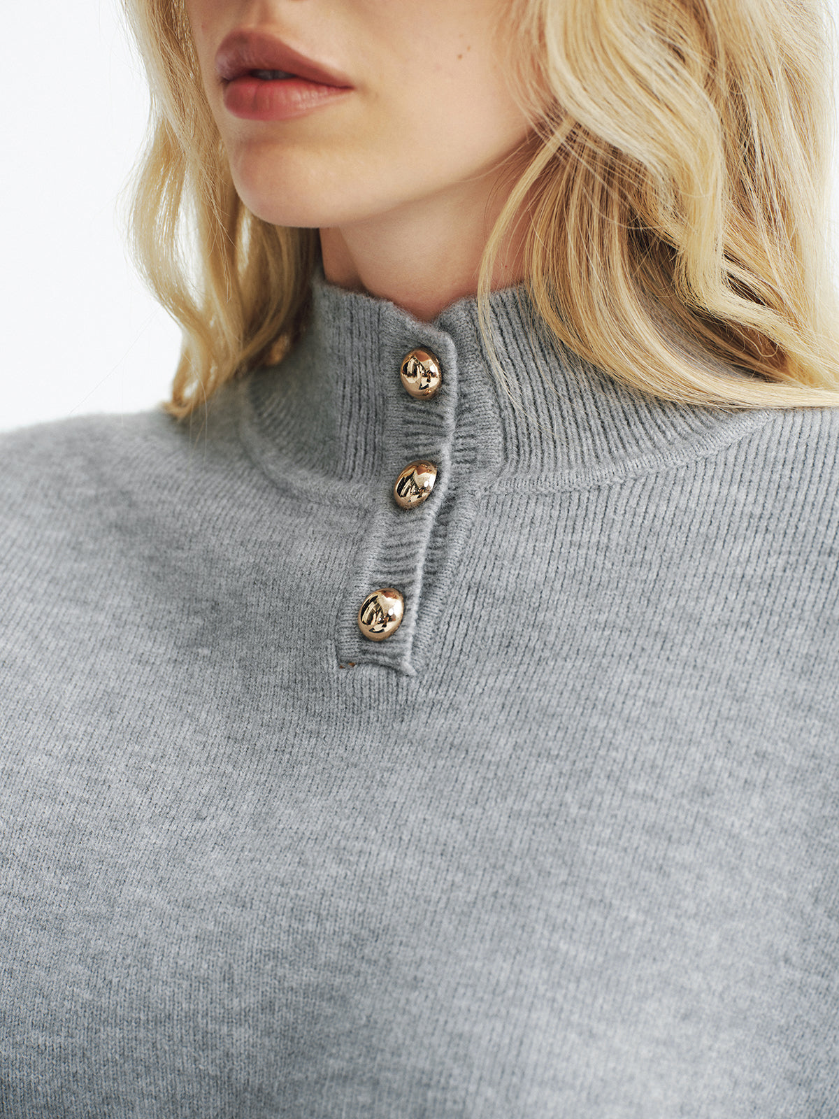 Button Detail Stand Collar Casual Sweater-Chicvia