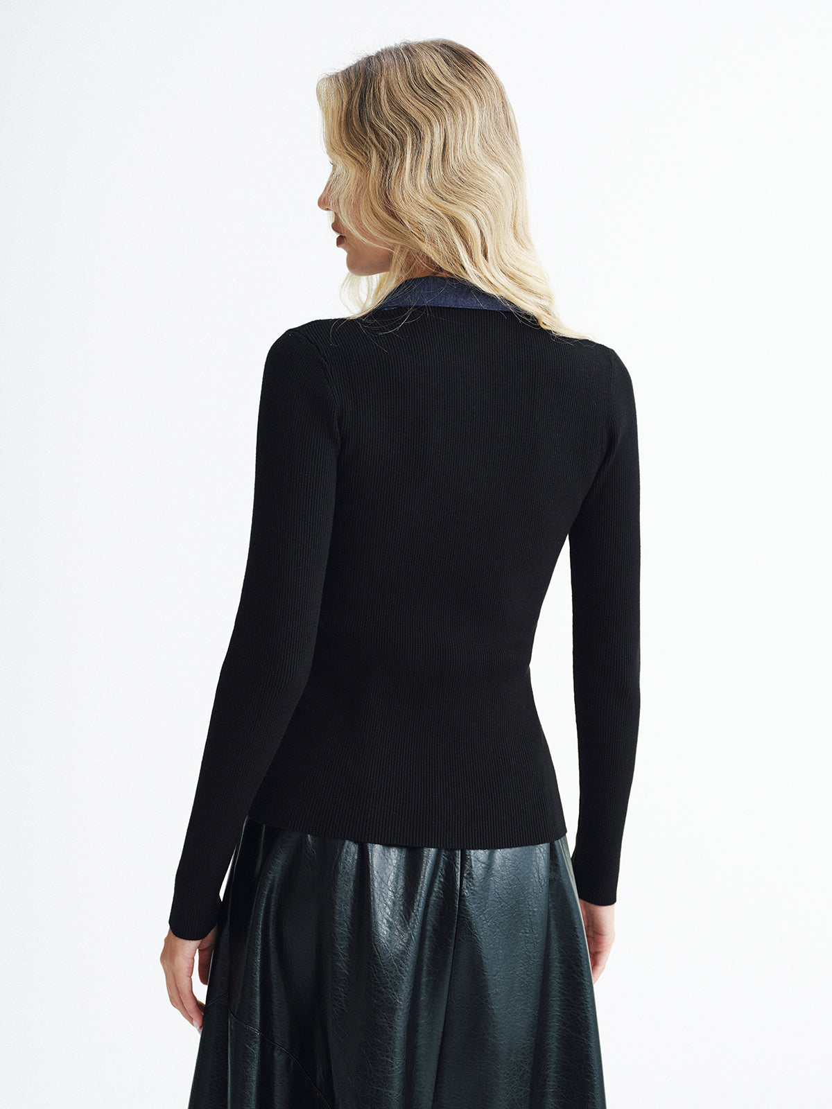 Denim Panel Ribbed Knit Cardigan-Chicvia