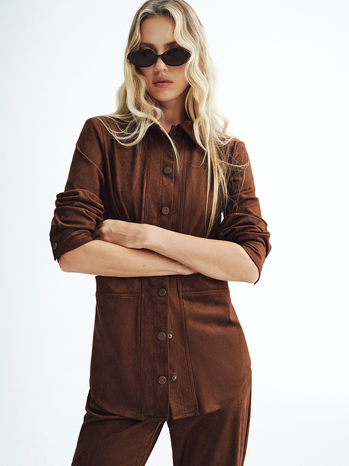 Faux Suede Long Sleeve Shirt-Chicvia