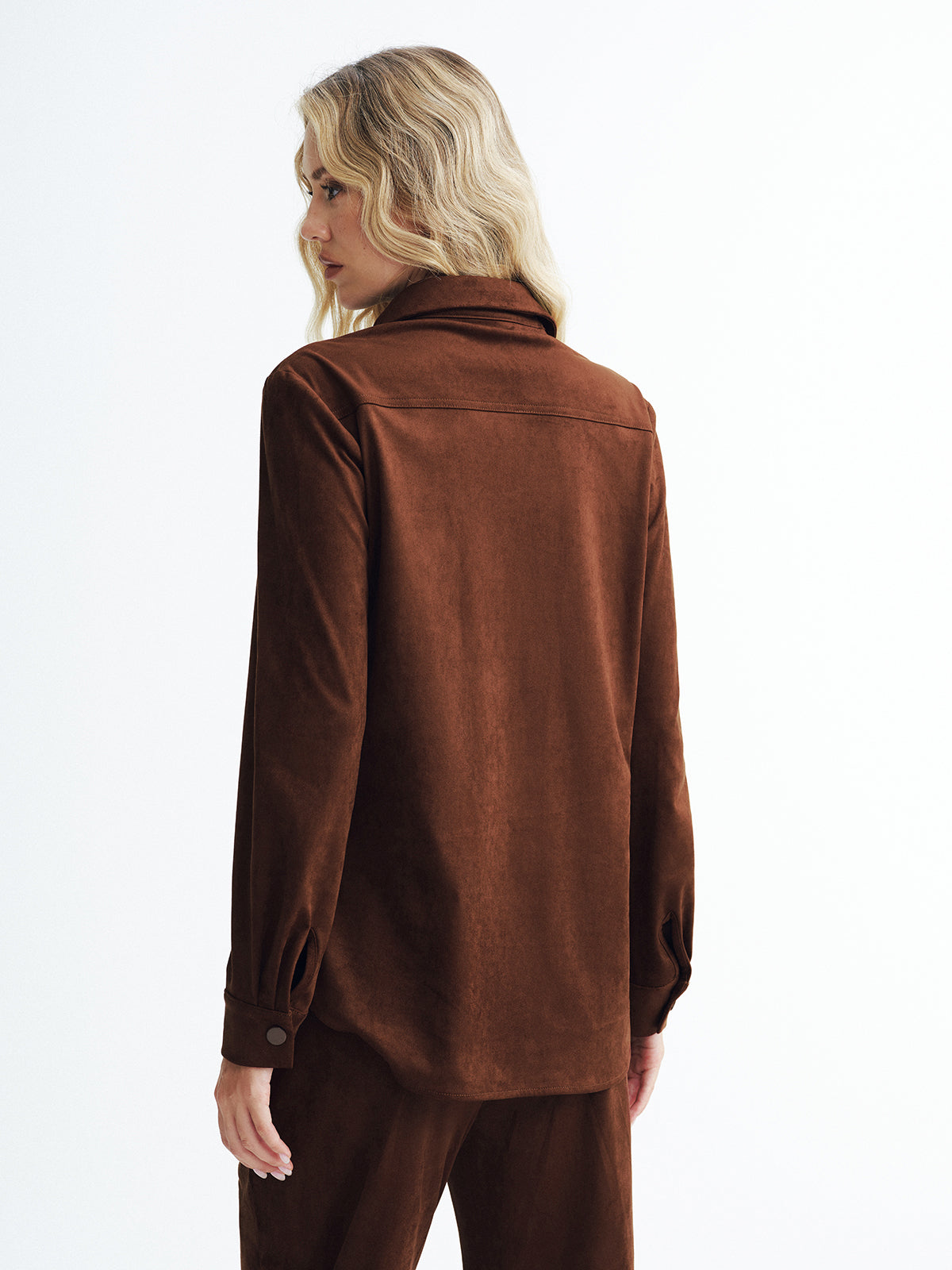 Faux Suede Long Sleeve Shirt-Chicvia