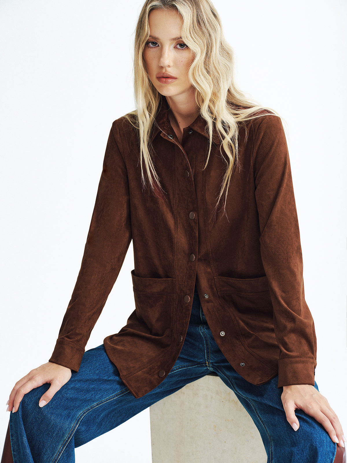 Faux Suede Long Sleeve Shirt-Chicvia