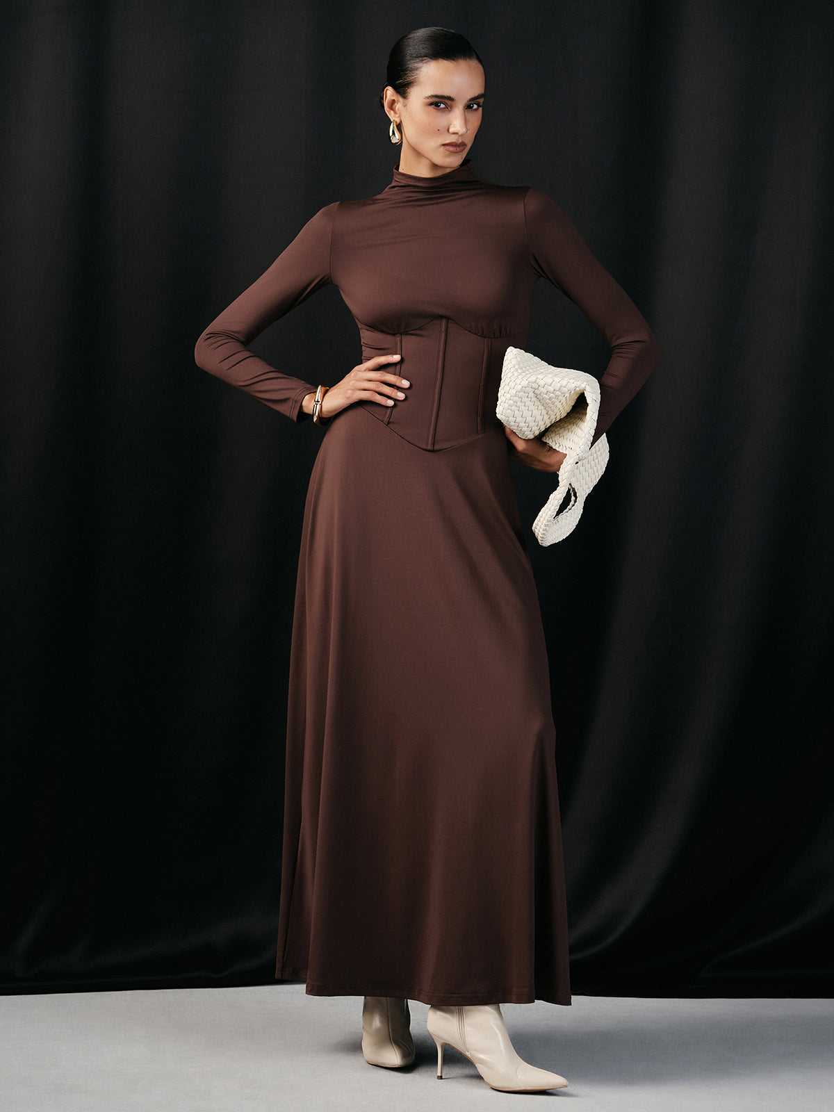 Mock Neck Corset Waist Long Sleeve Maxi Dress-Chicvia