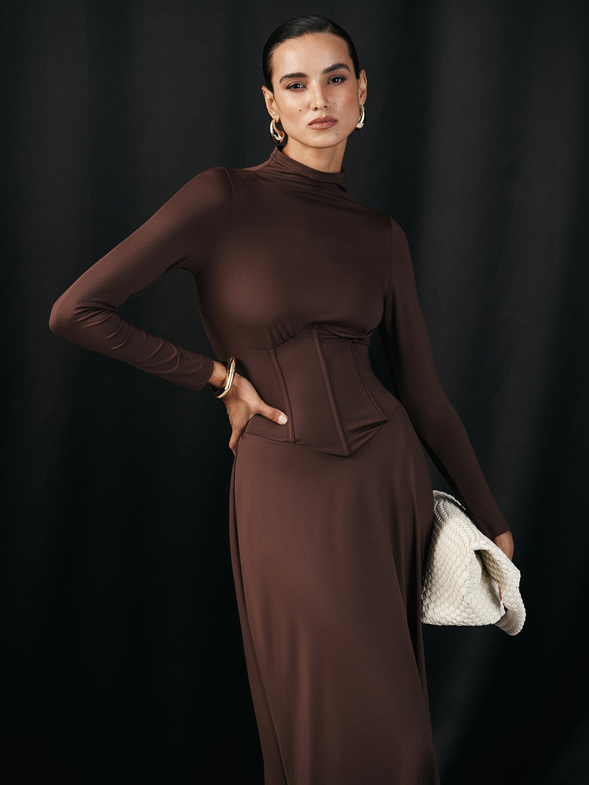 Mock Neck Corset Waist Long Sleeve Maxi Dress-Chicvia