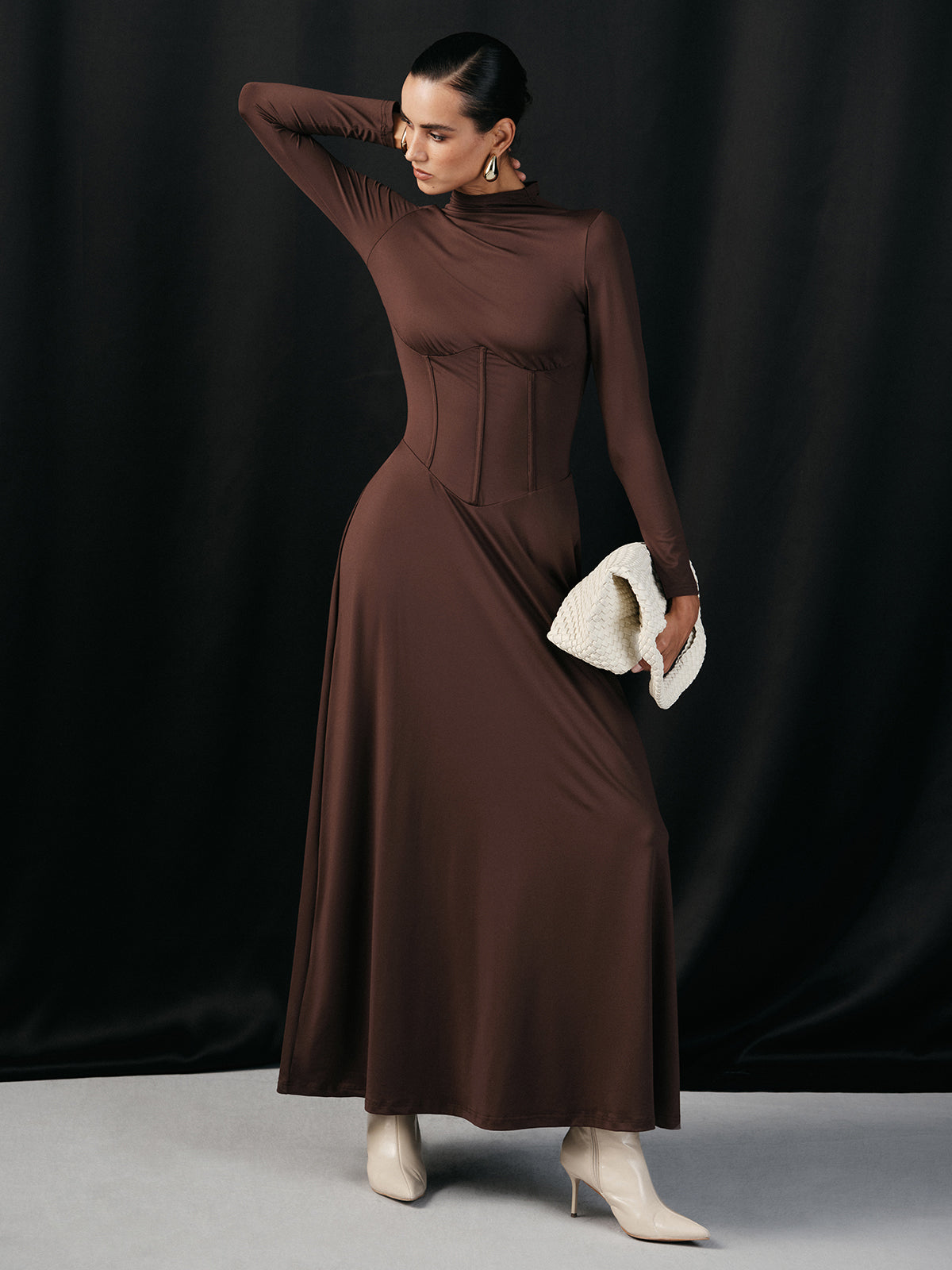 Mock Neck Corset Waist Long Sleeve Maxi Dress-Chicvia