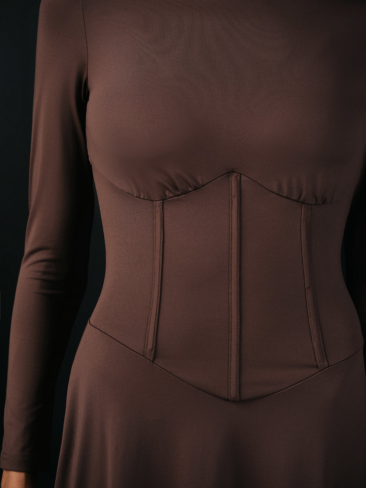 Mock Neck Corset Waist Long Sleeve Maxi Dress-Chicvia