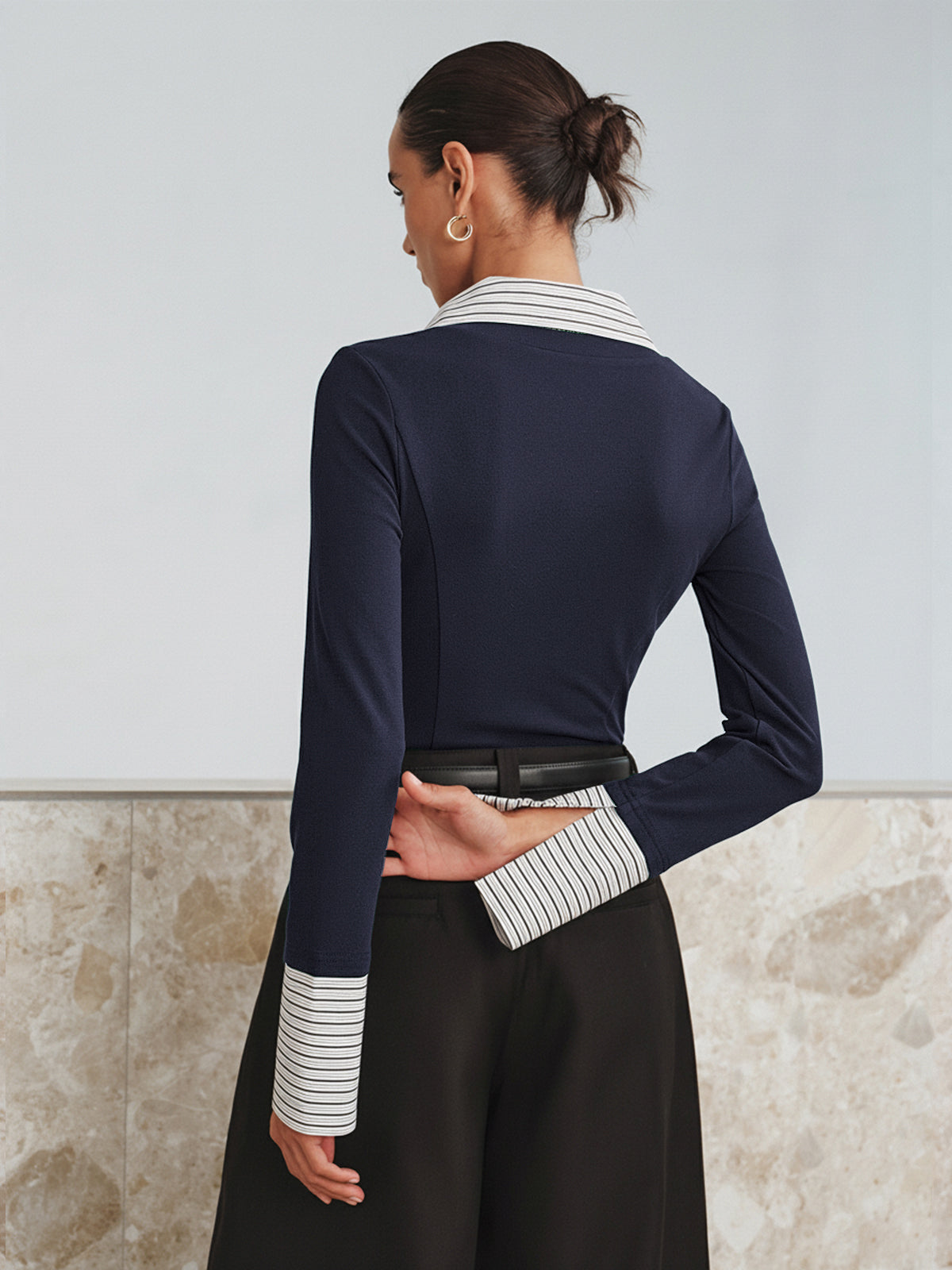 Mock Two-Piece Long-Sleeve Two Tone Polo Top-Chicvia