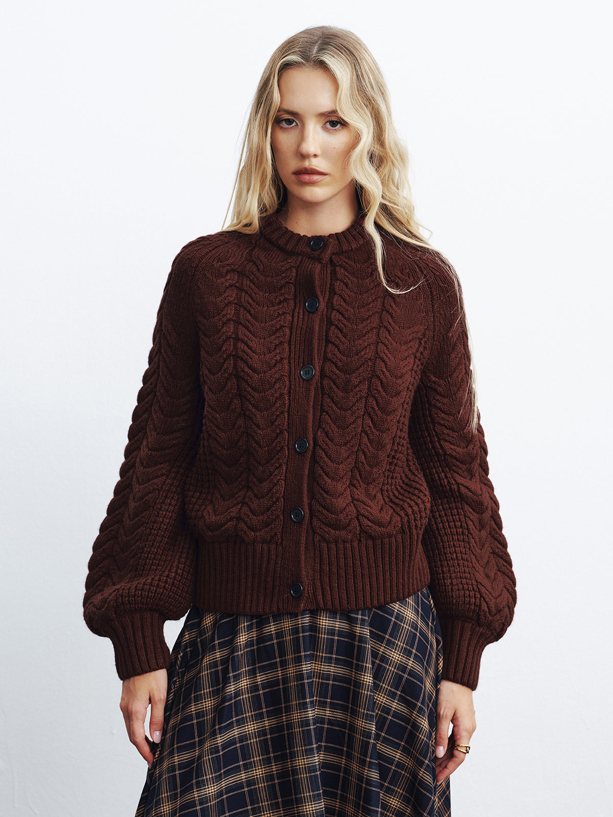 Cable-Knit Button-Front Cardigan-Chicvia
