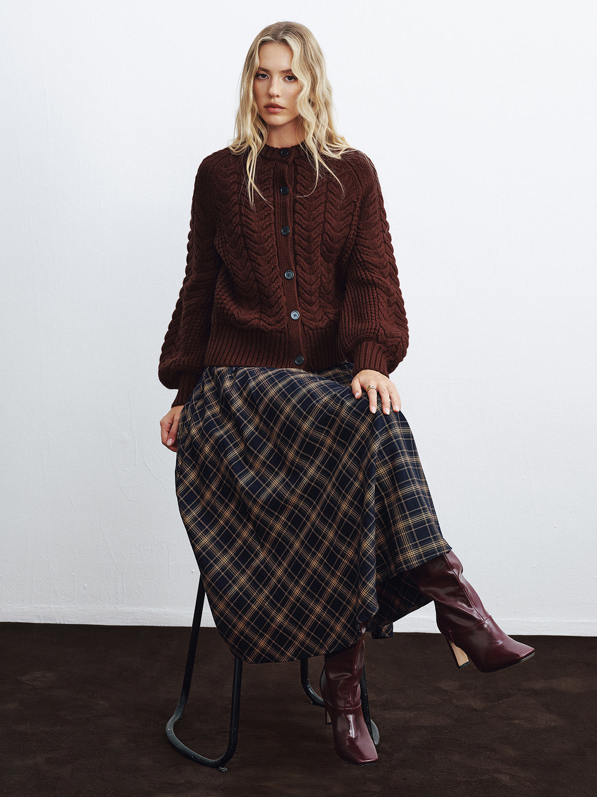 Cable-Knit Button-Front Cardigan-Chicvia