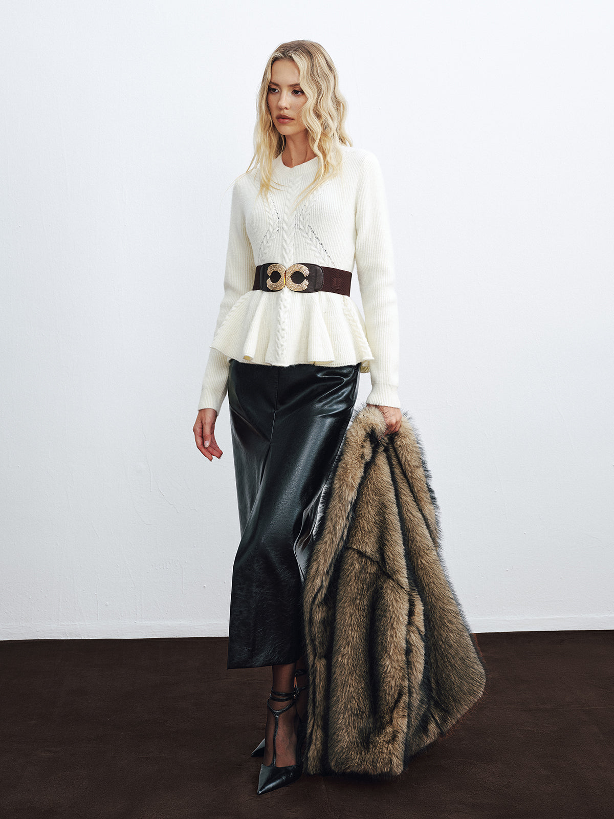 Peplum Cable-Knit Top with Wide Belt-Chicvia