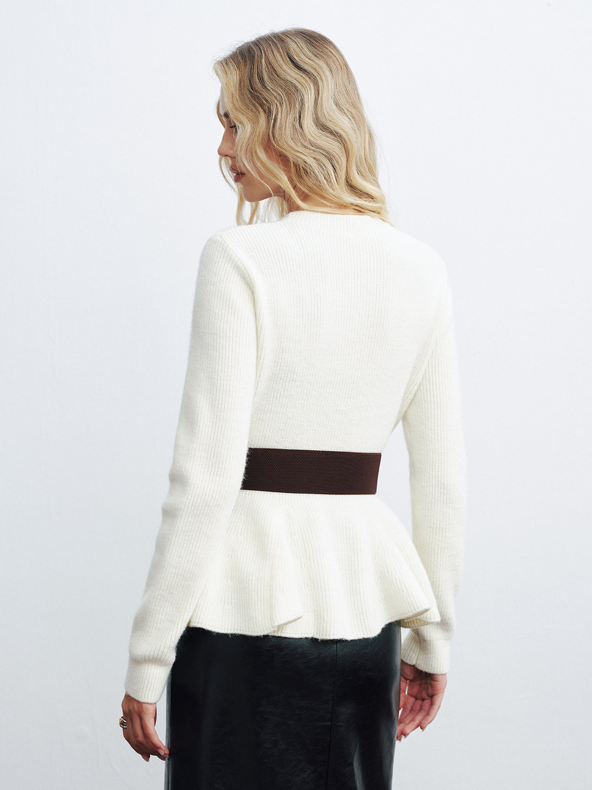 Peplum Cable-Knit Top with Wide Belt-Chicvia