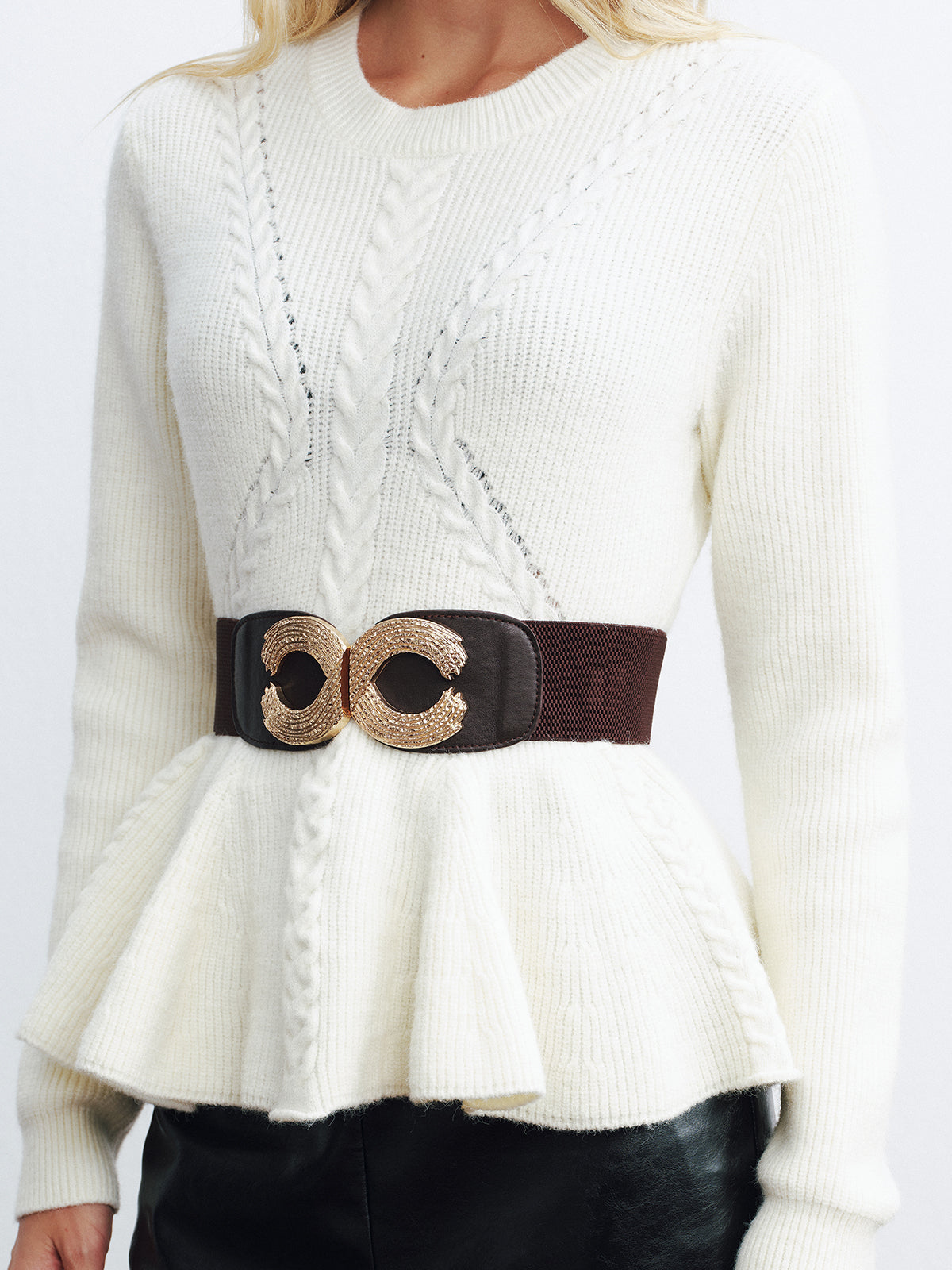 Peplum Cable-Knit Top with Wide Belt-Chicvia