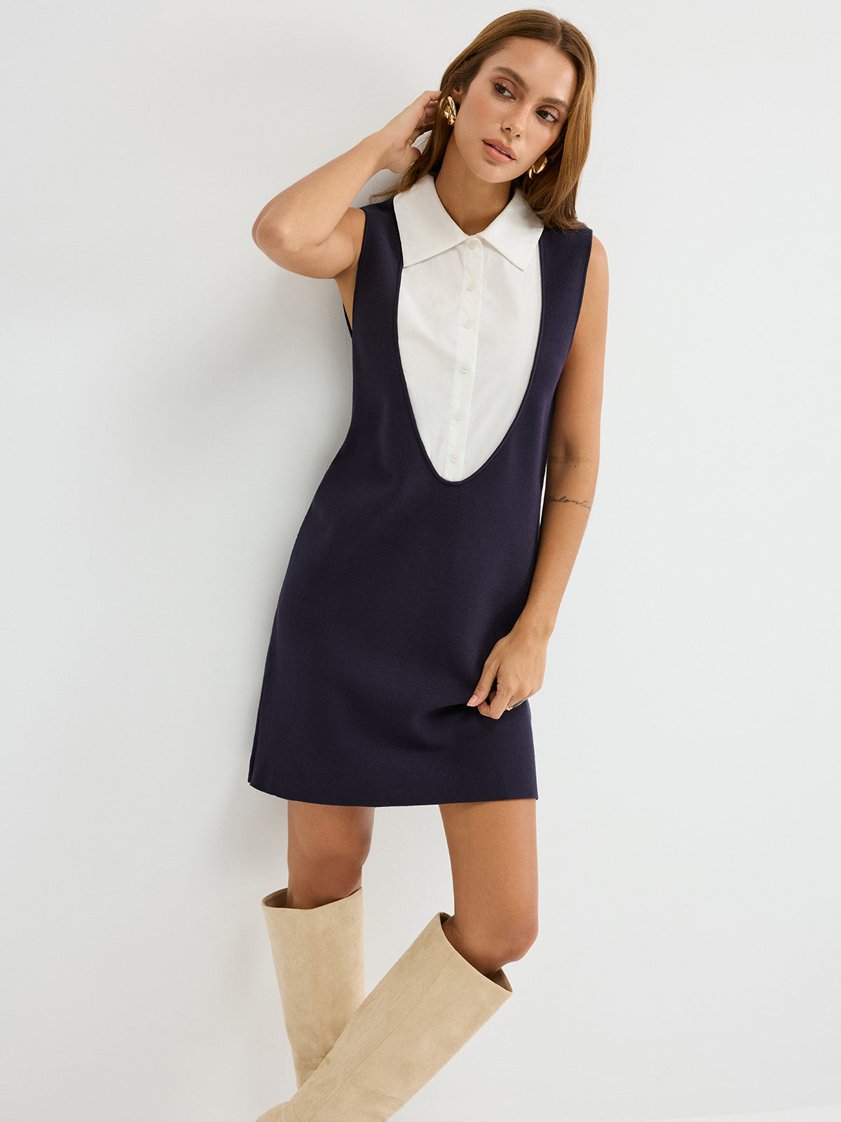 Contrast Shirt Panel Sleeveless Mini Dress-Chicvia