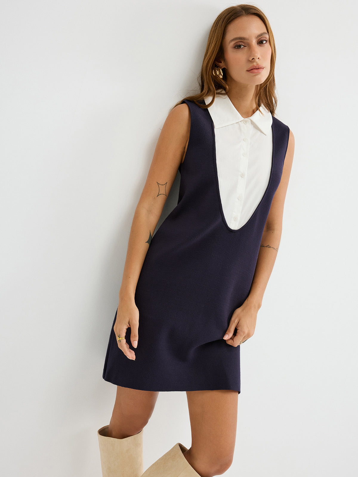 Contrast Shirt Panel Sleeveless Mini Dress-Chicvia