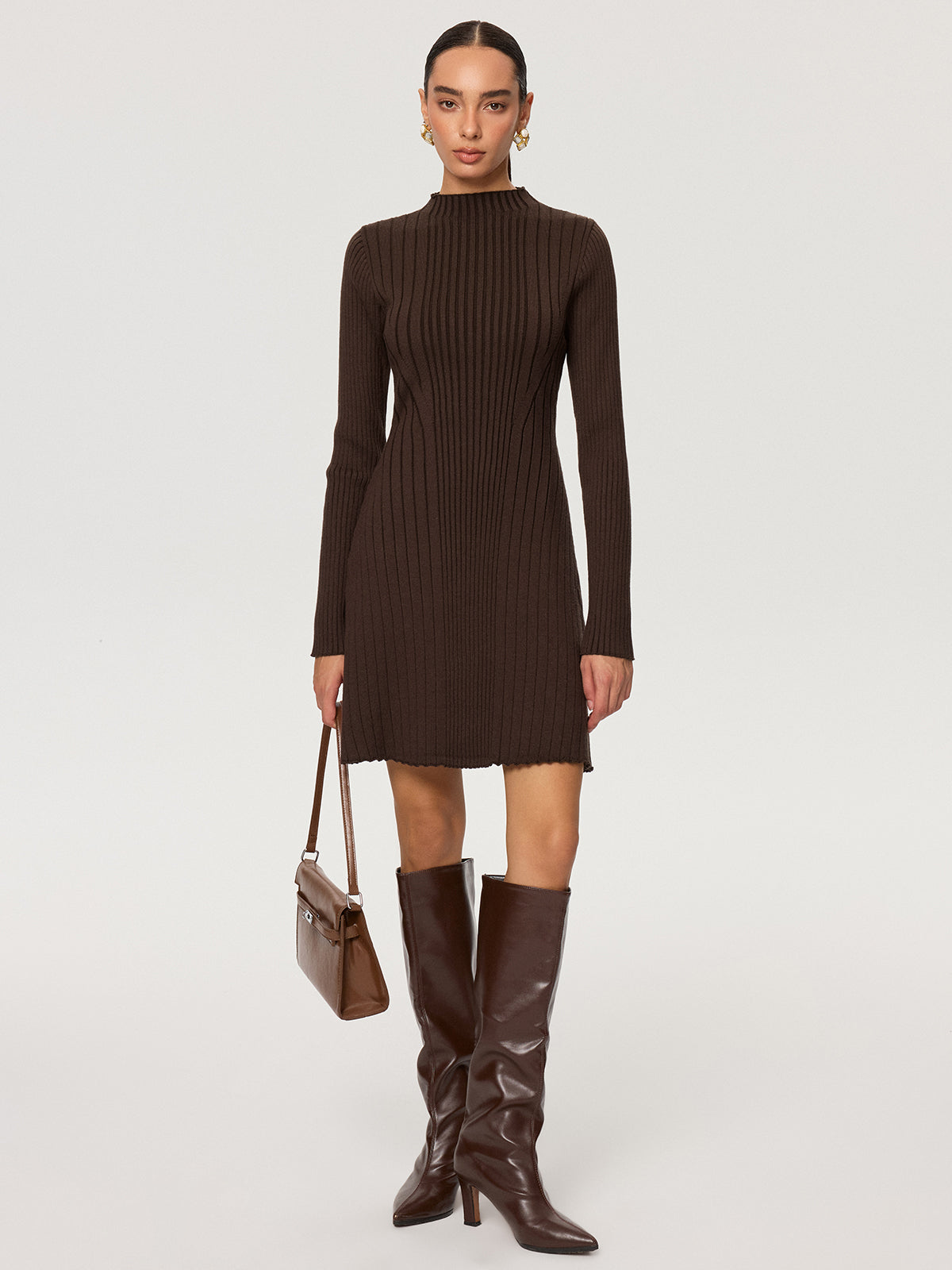 Ribbed Mock Neck Long Sleeve Knit Dress-Chicvia