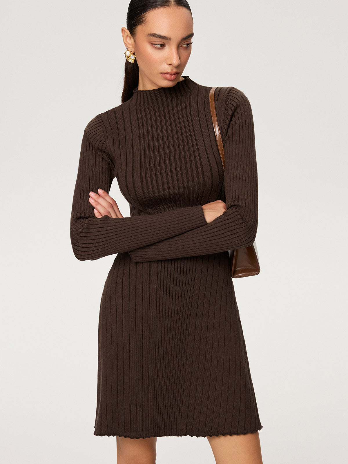 Ribbed Mock Neck Long Sleeve Knit Dress-Chicvia