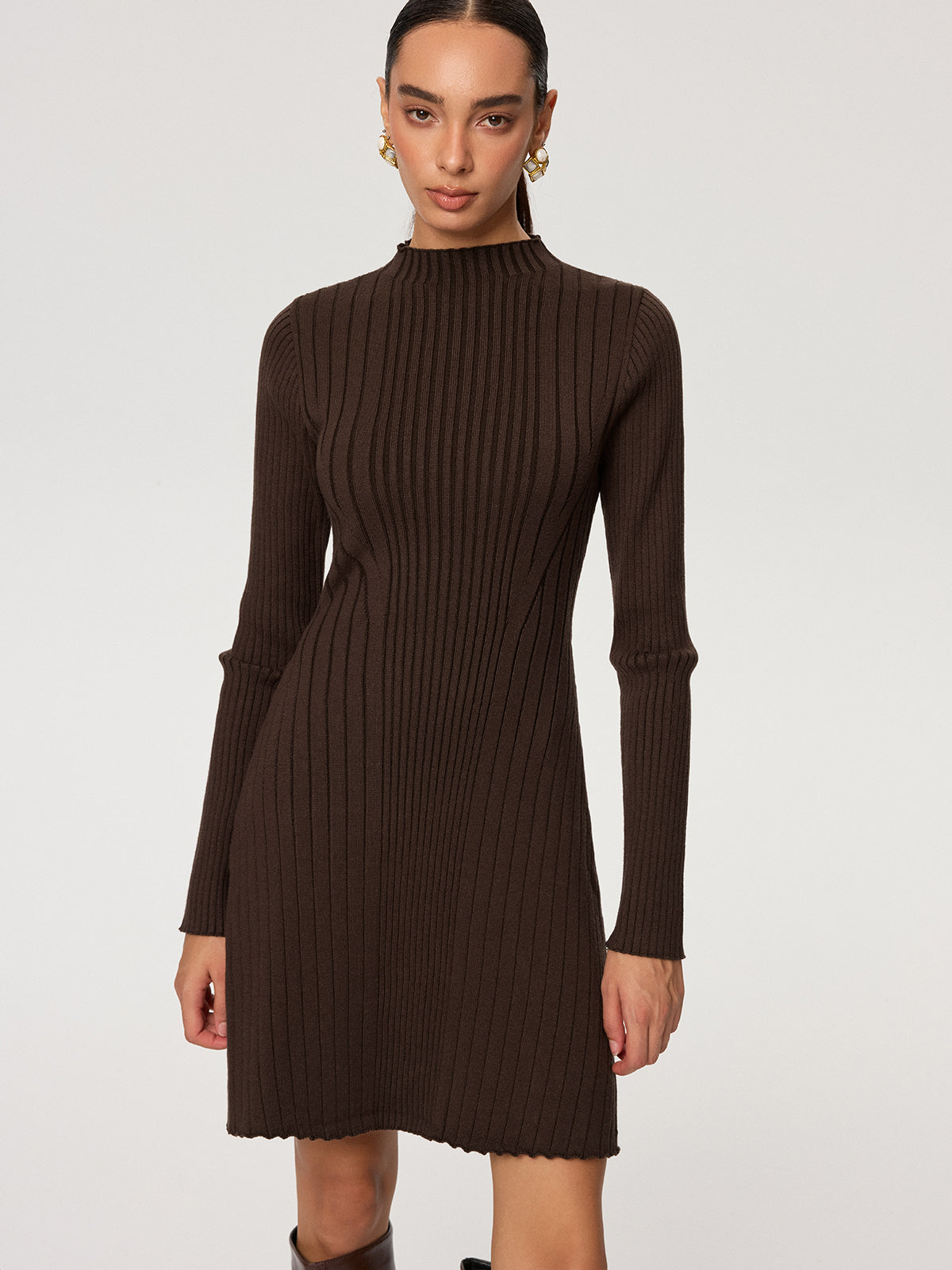 Ribbed Mock Neck Long Sleeve Knit Dress-Chicvia