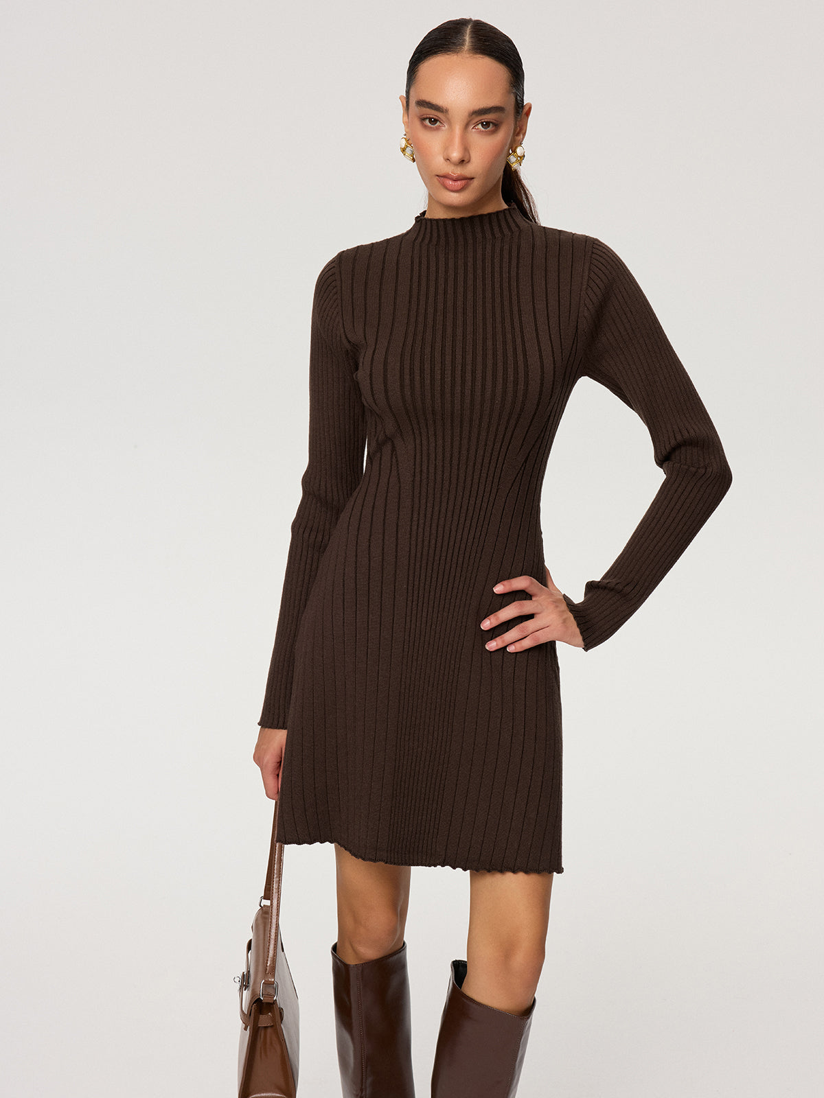 Ribbed Mock Neck Long Sleeve Knit Dress-Chicvia