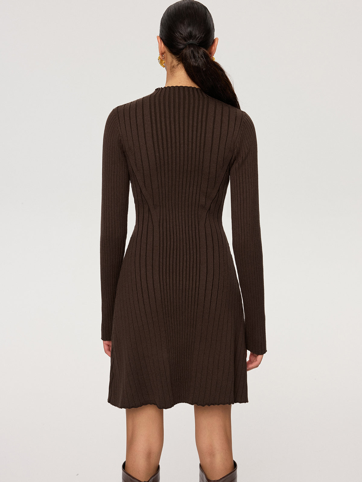 Ribbed Mock Neck Long Sleeve Knit Dress-Chicvia
