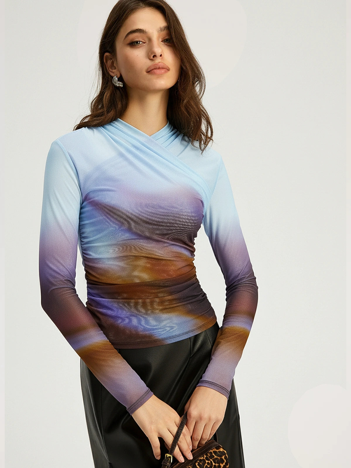 Criss Cross Printed Mesh Long-Sleeve Top-Chicvia