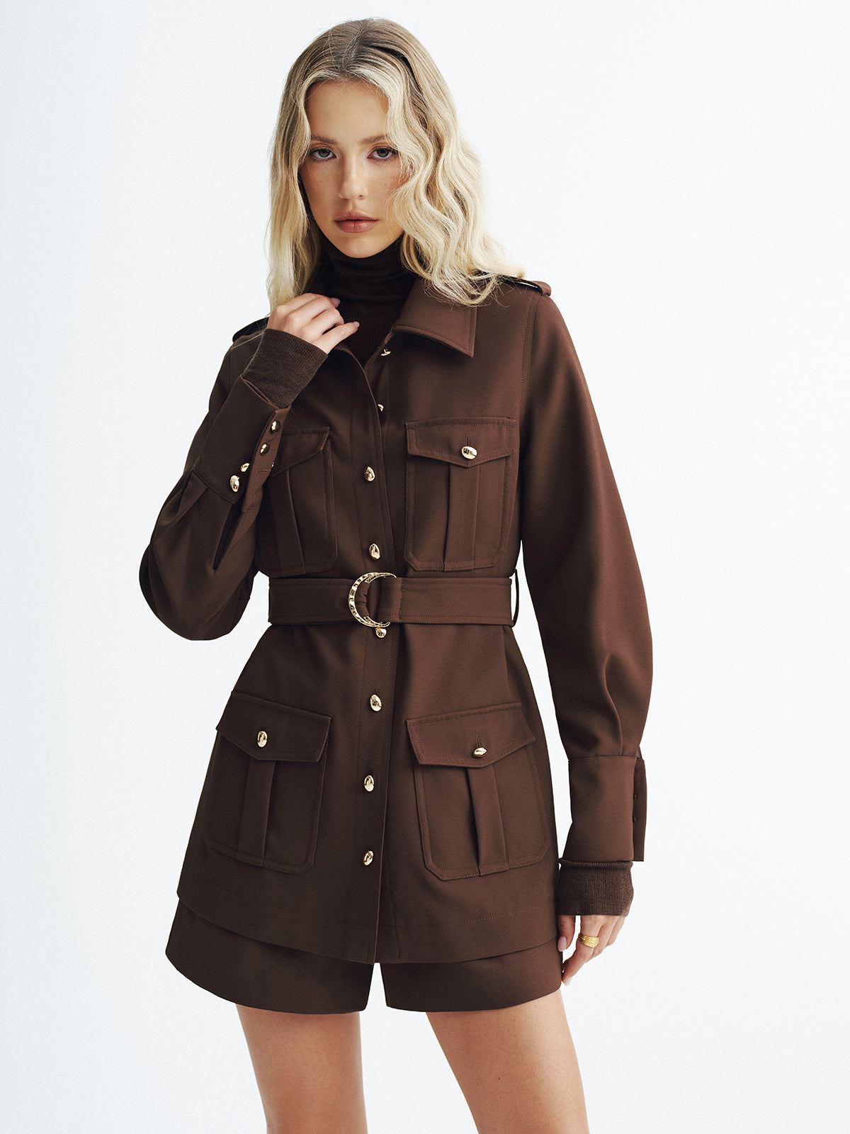 Collared Belted Utility Trench Coat-Chicvia