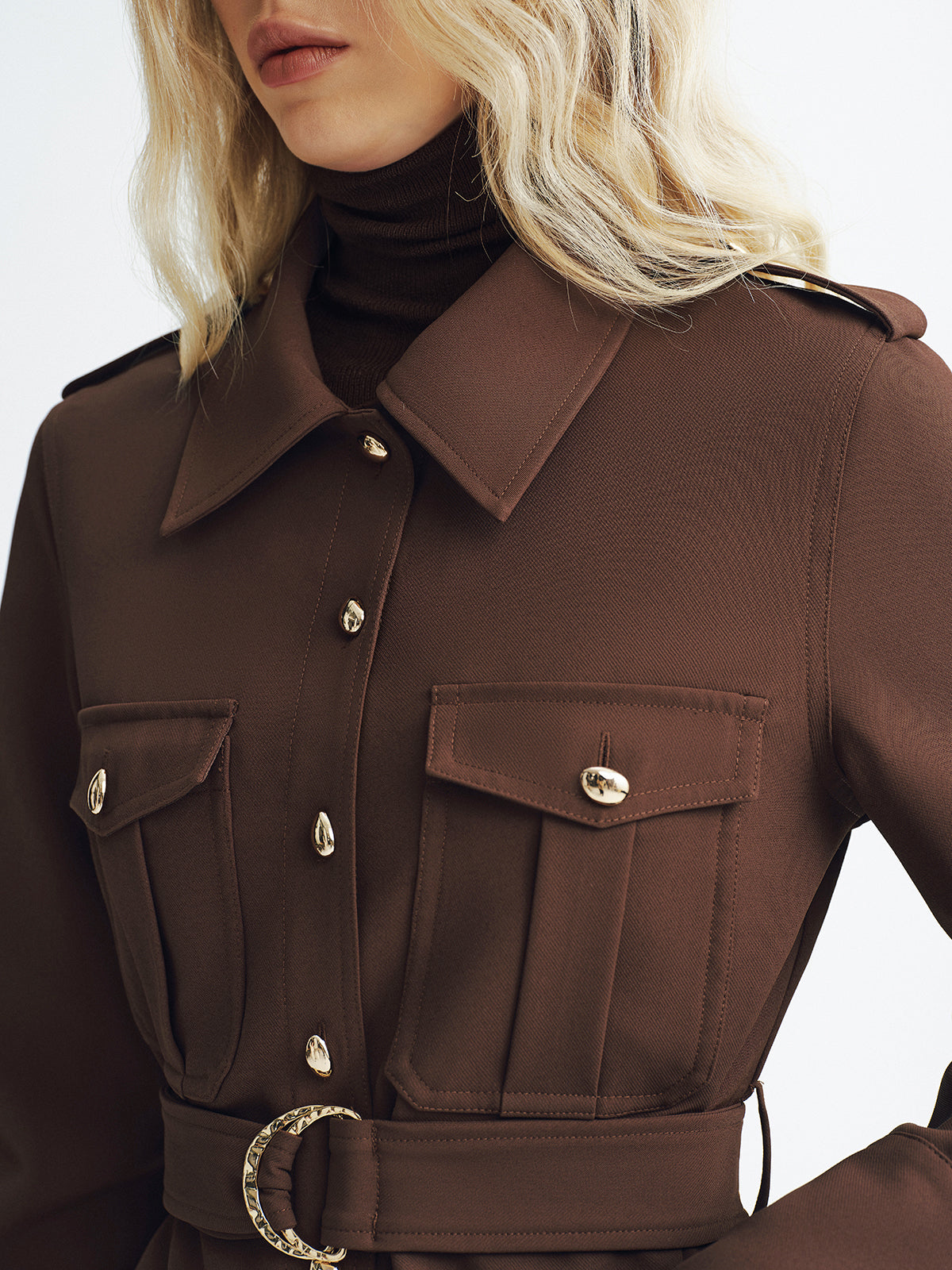 Collared Belted Utility Trench Coat-Chicvia