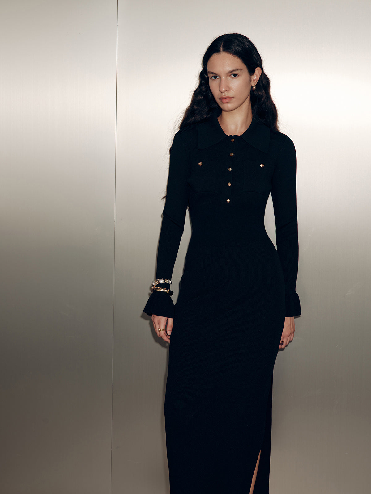 Collared Long Sleeve Maxi Dress-Chicvia