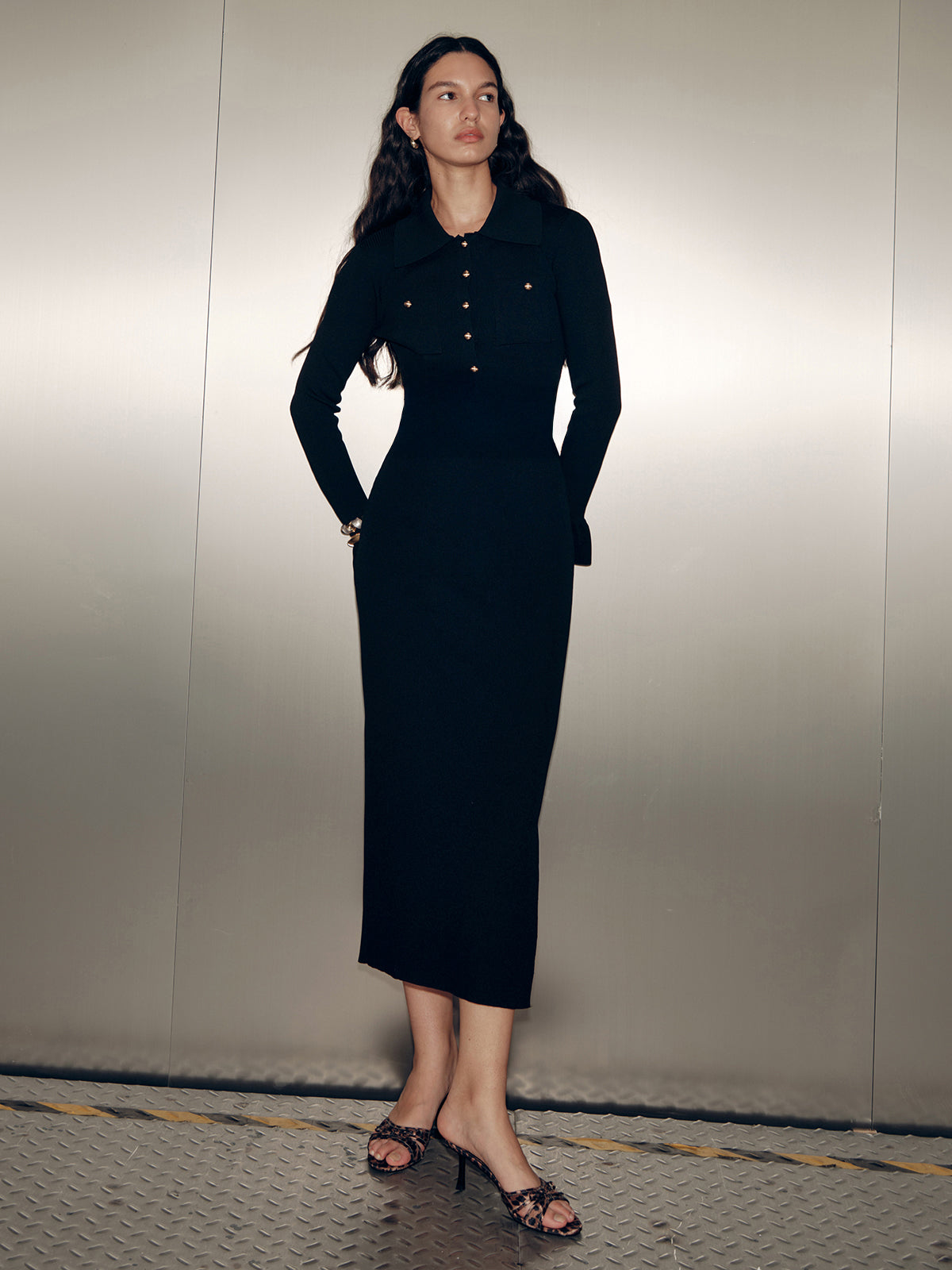 Collared Long Sleeve Maxi Dress-Chicvia