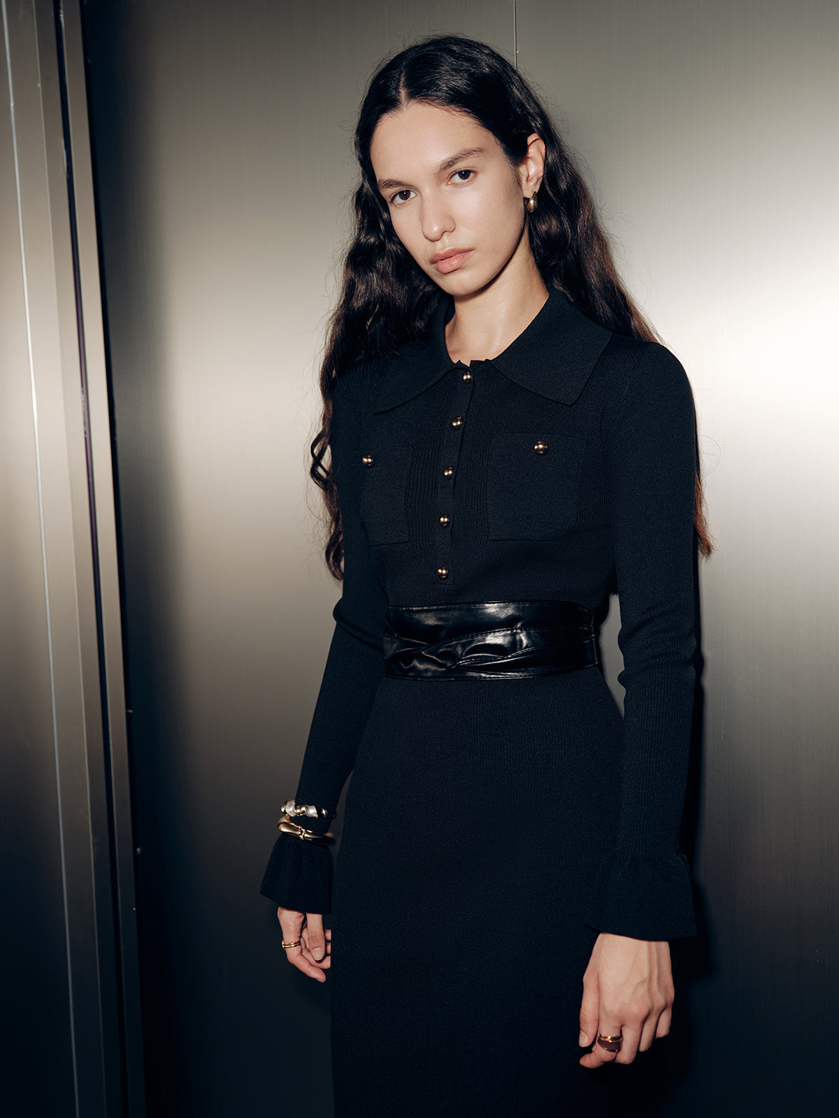 Collared Long Sleeve Maxi Dress-Chicvia