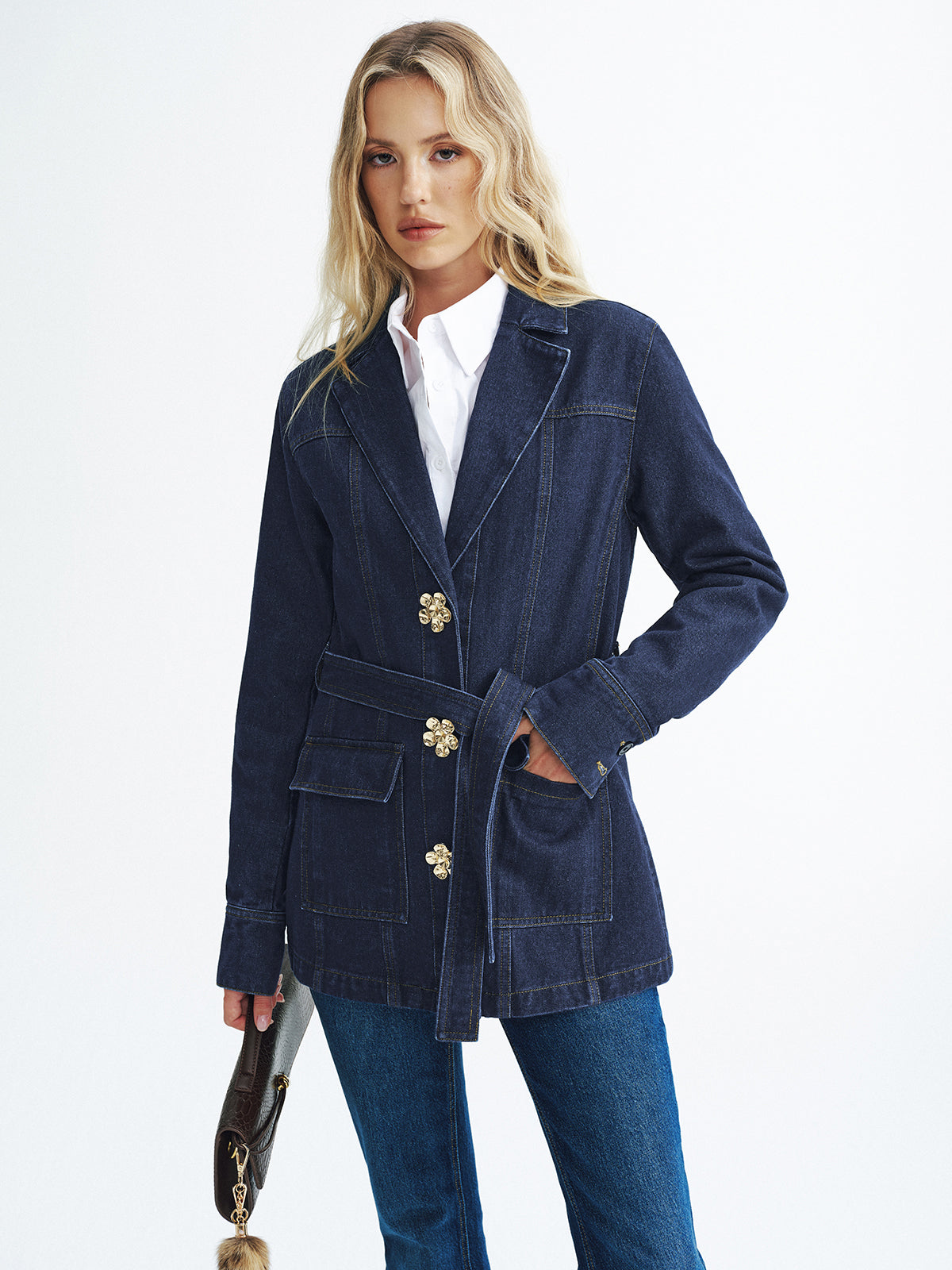 Metal Floral Denim Belted Jacket-Chicvia