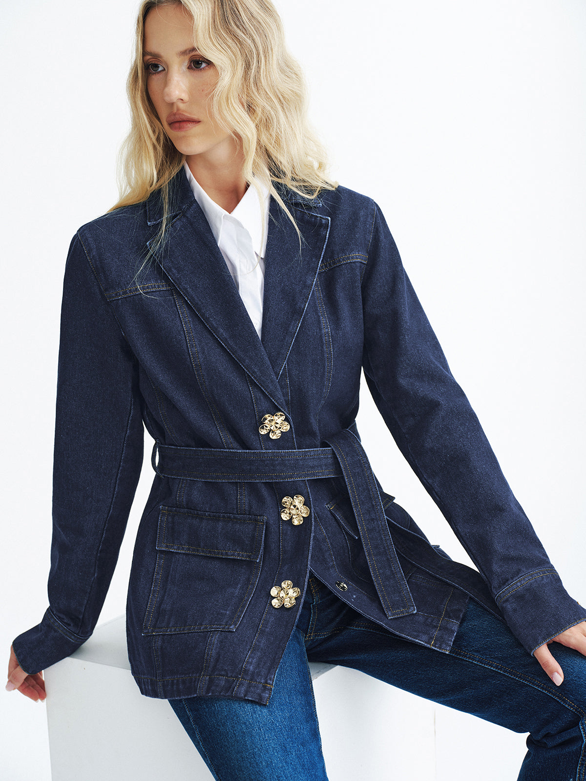 Metal Floral Denim Belted Jacket-Chicvia