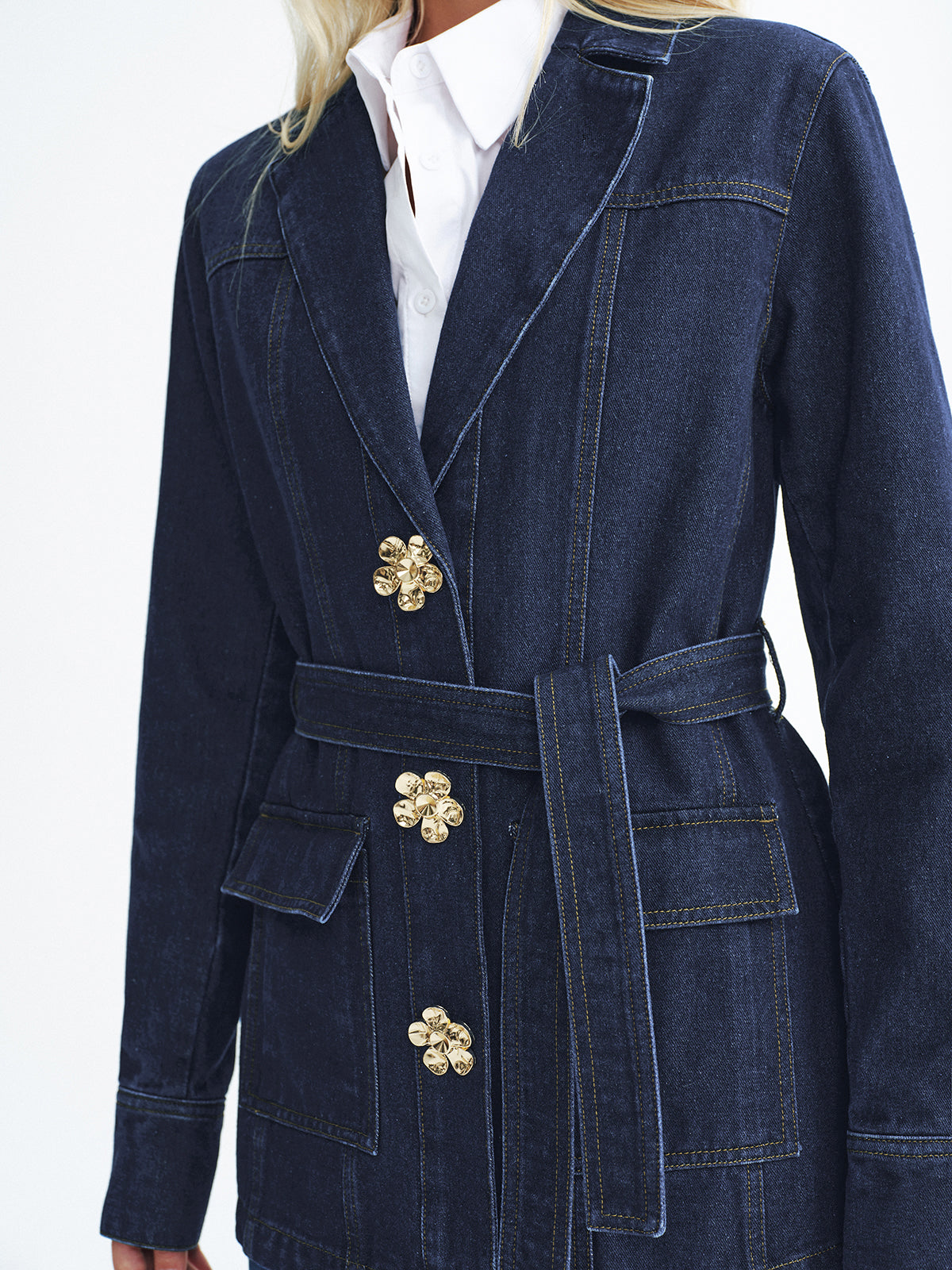 Metal Floral Denim Belted Jacket-Chicvia