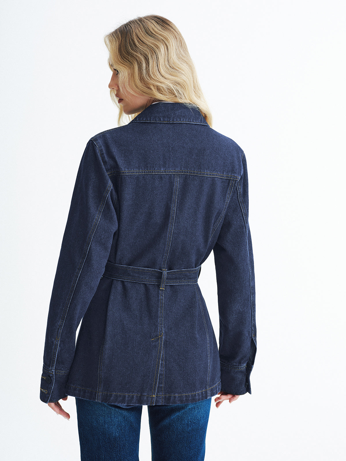 Metal Floral Denim Belted Jacket-Chicvia