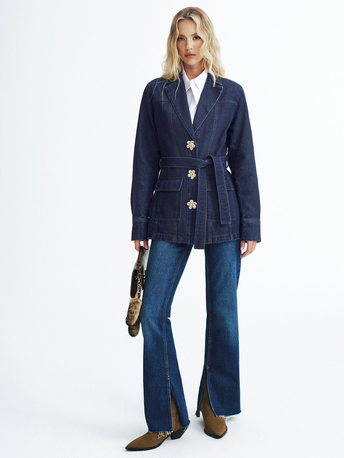 Metal Floral Denim Belted Jacket-Chicvia