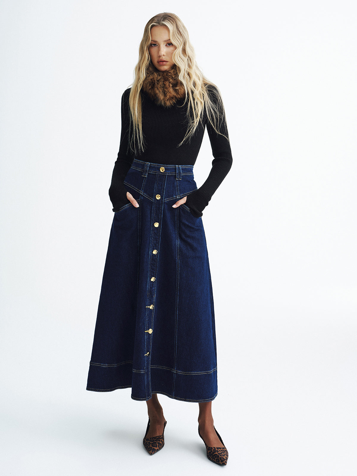 Metal Button Denim Midi Skirt-Chicvia