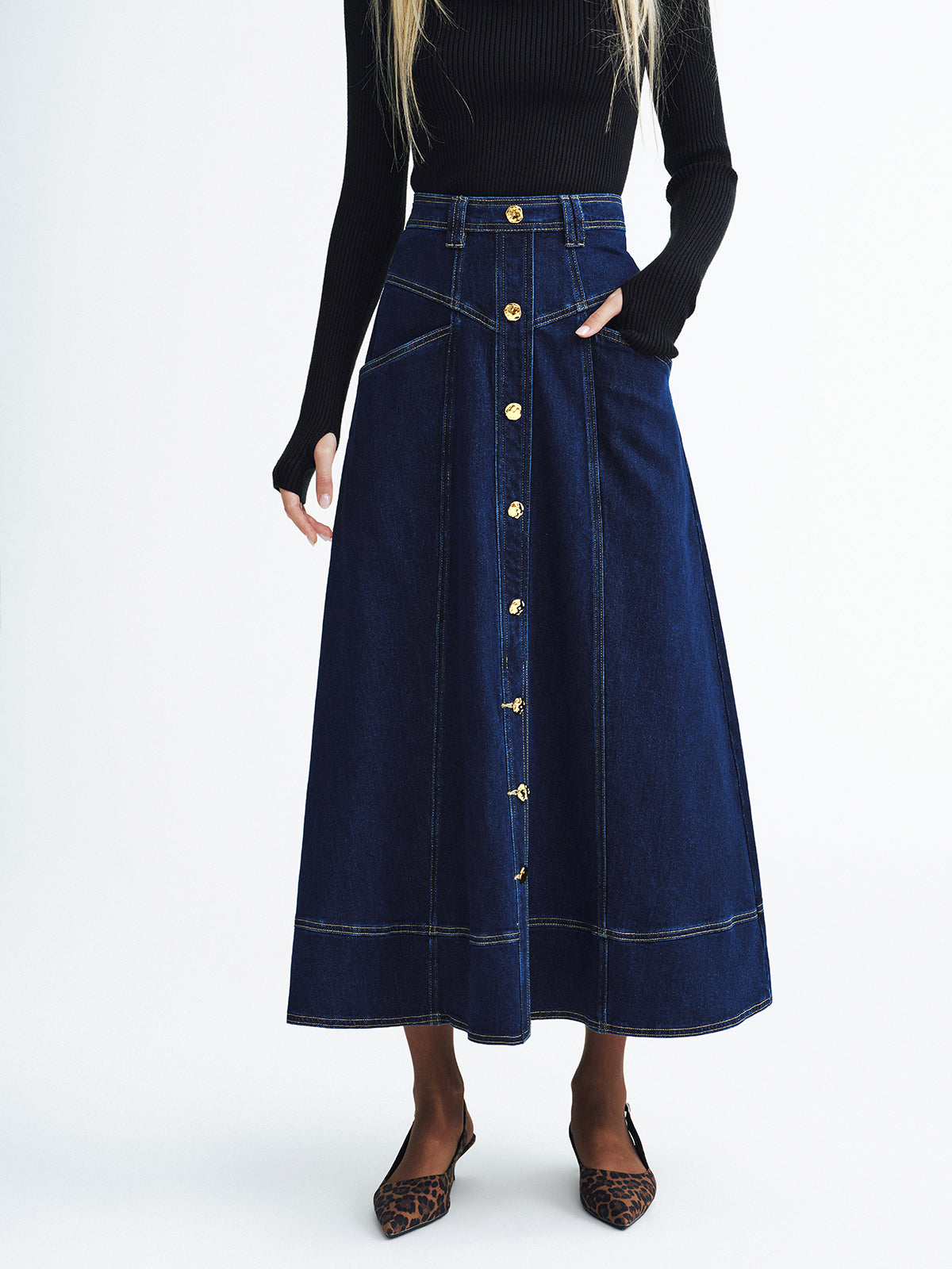 Metal Button Denim Midi Skirt-Chicvia