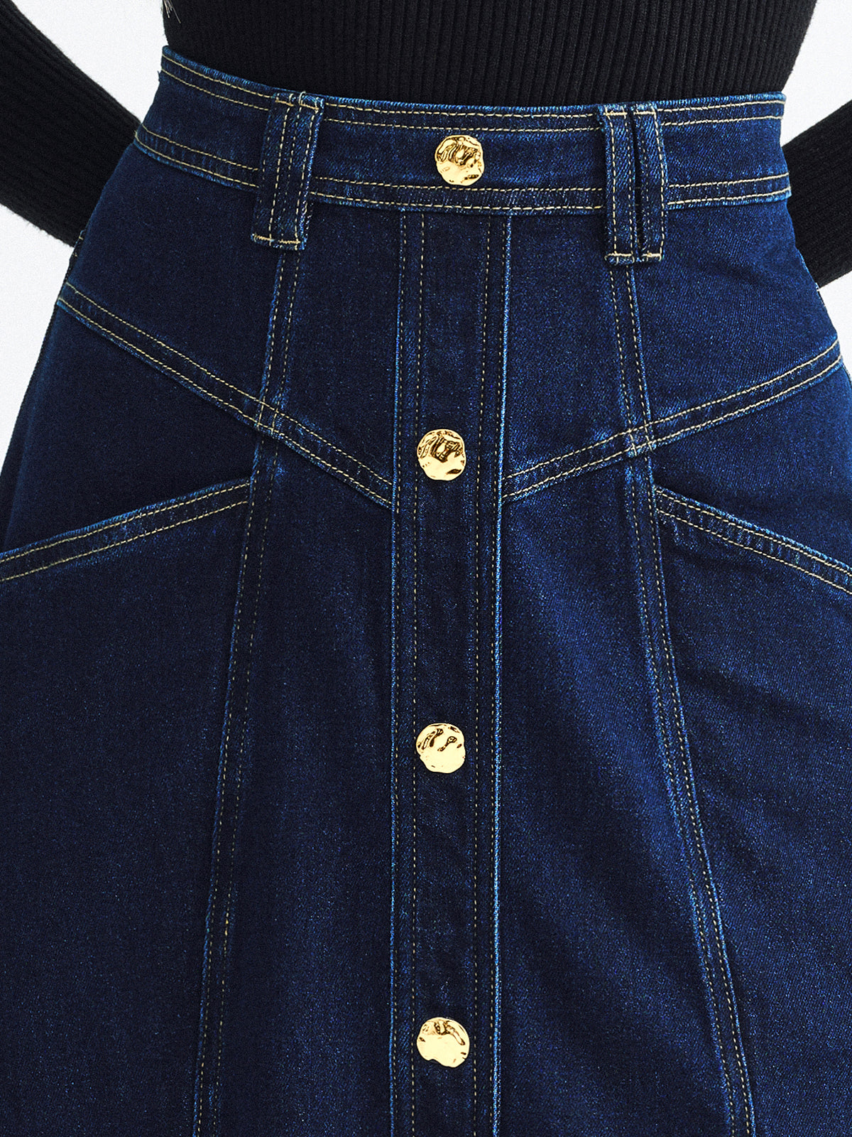 Metal Button Denim Midi Skirt-Chicvia