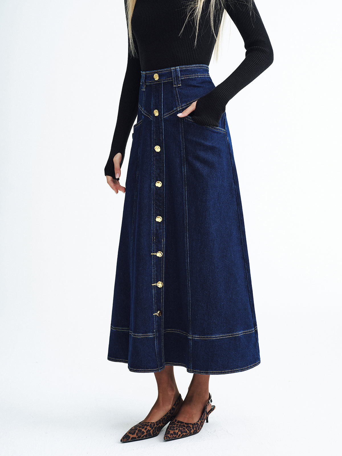 Metal Button Denim Midi Skirt-Chicvia