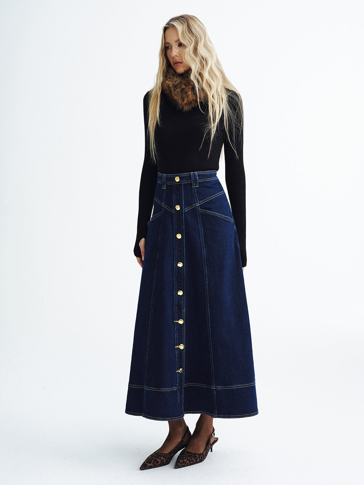 Metal Button Denim Midi Skirt-Chicvia