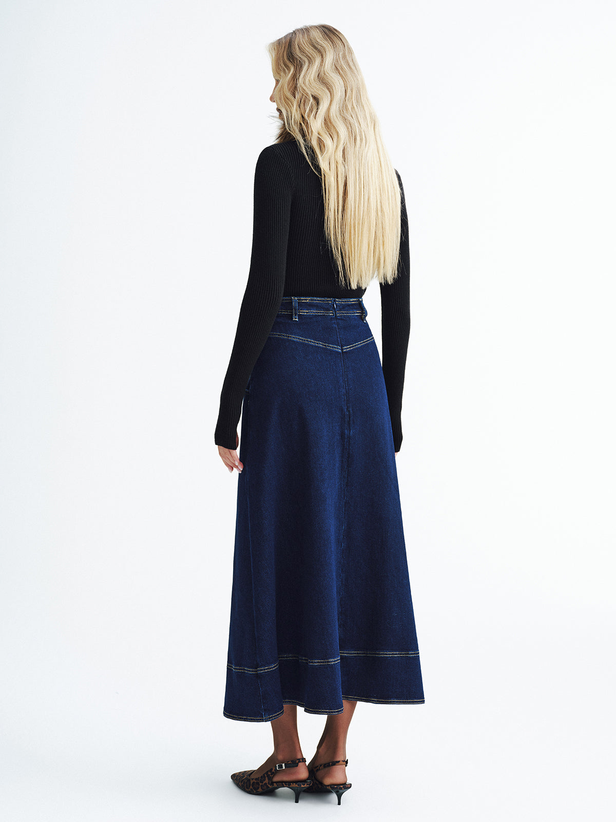 Metal Button Denim Midi Skirt-Chicvia