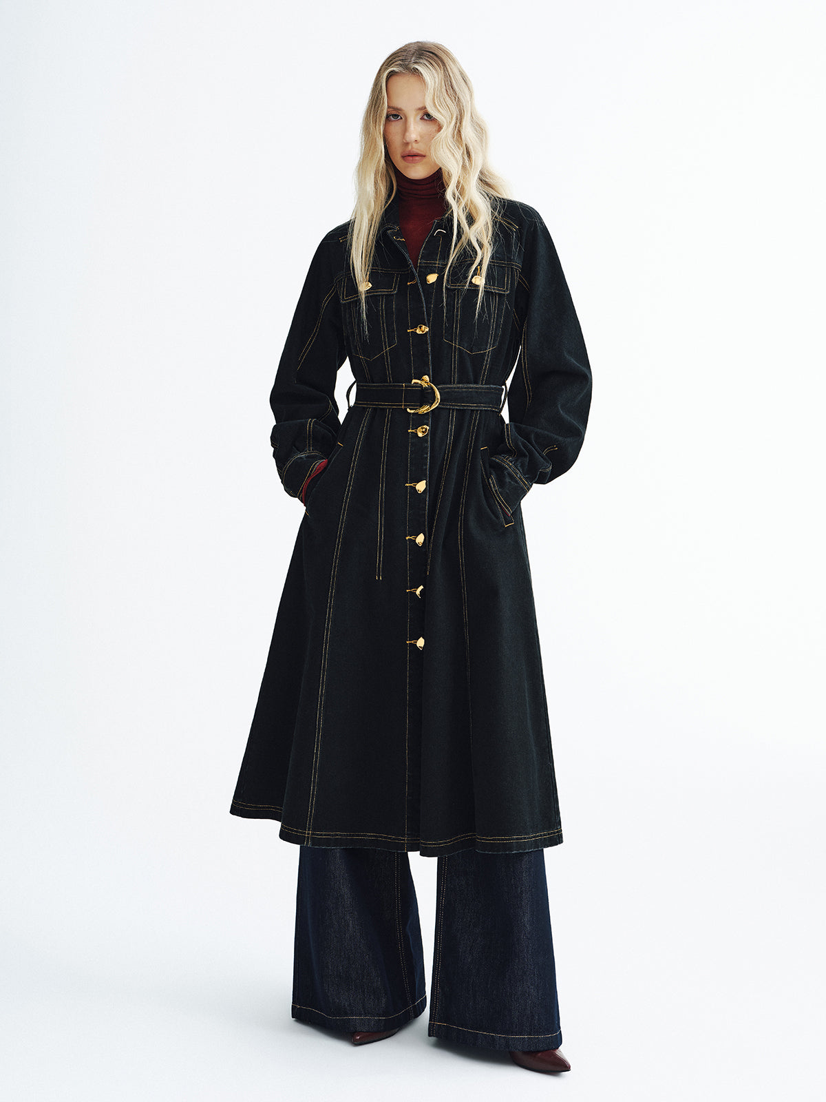 Metal Button Denim Belted Maxi Shirt Dress-Chicvia