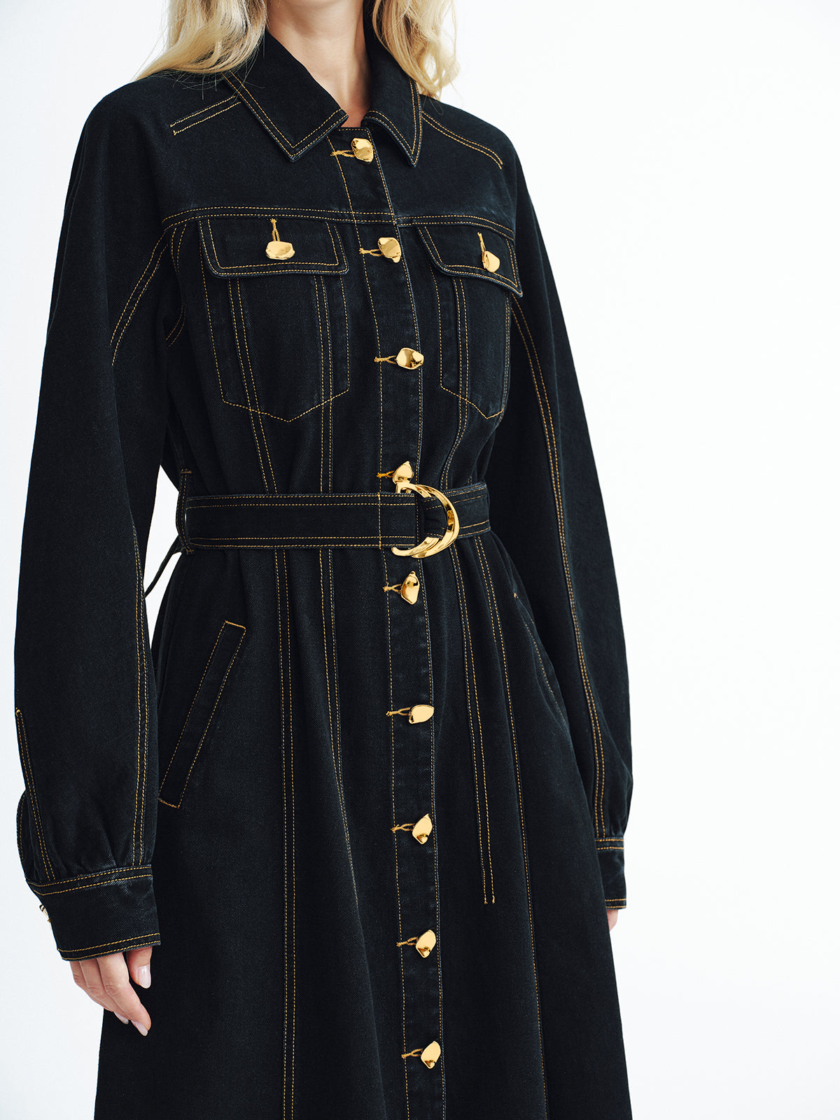 Metal Button Denim Belted Maxi Shirt Dress-Chicvia