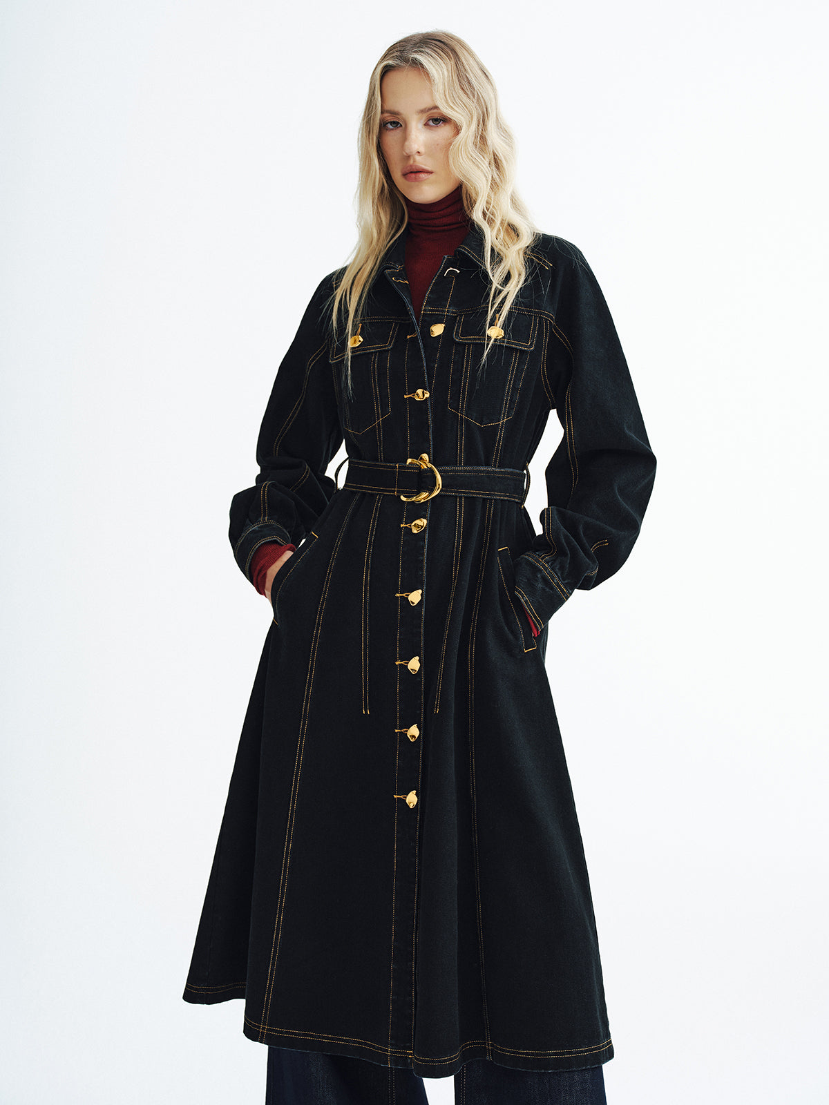 Metal Button Denim Belted Maxi Shirt Dress-Chicvia