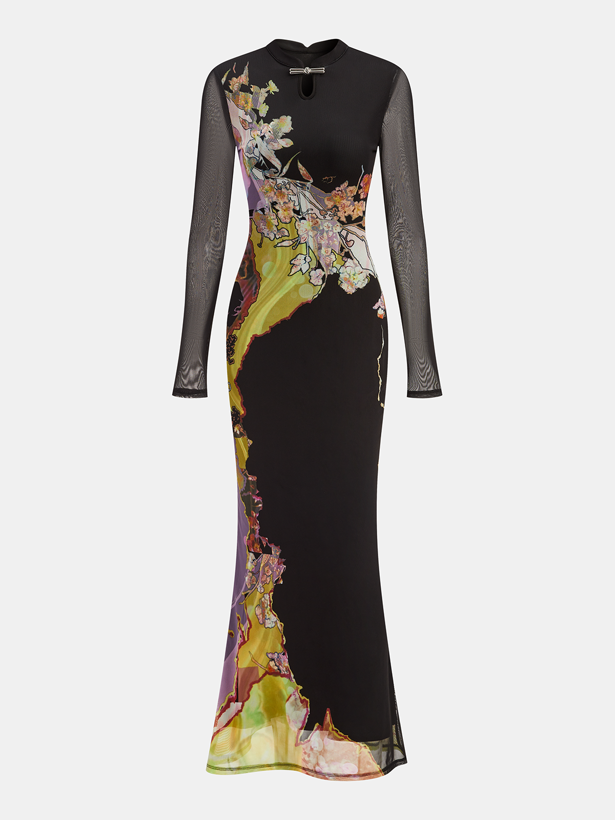 Mesh Long Sleeve Floral Print Maxi Dress-Chicvia