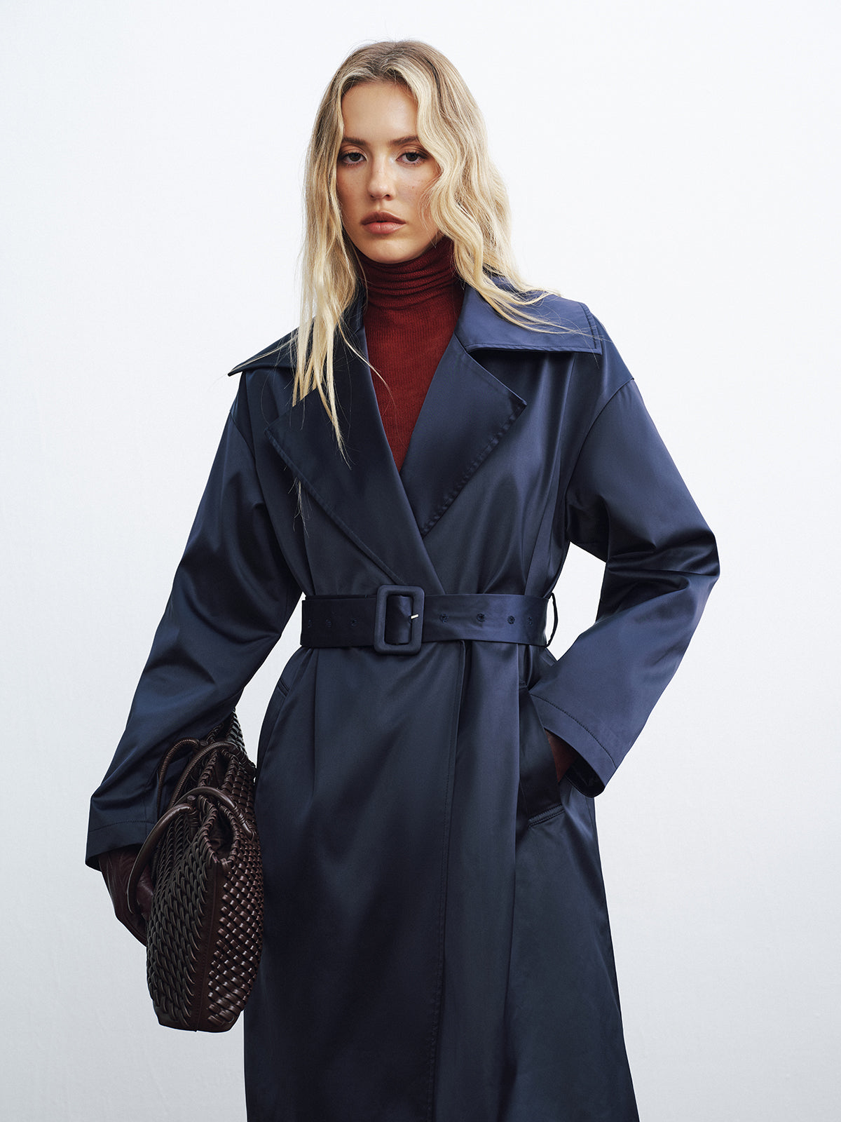 Belted Satin Long Trench Coat-Chicvia