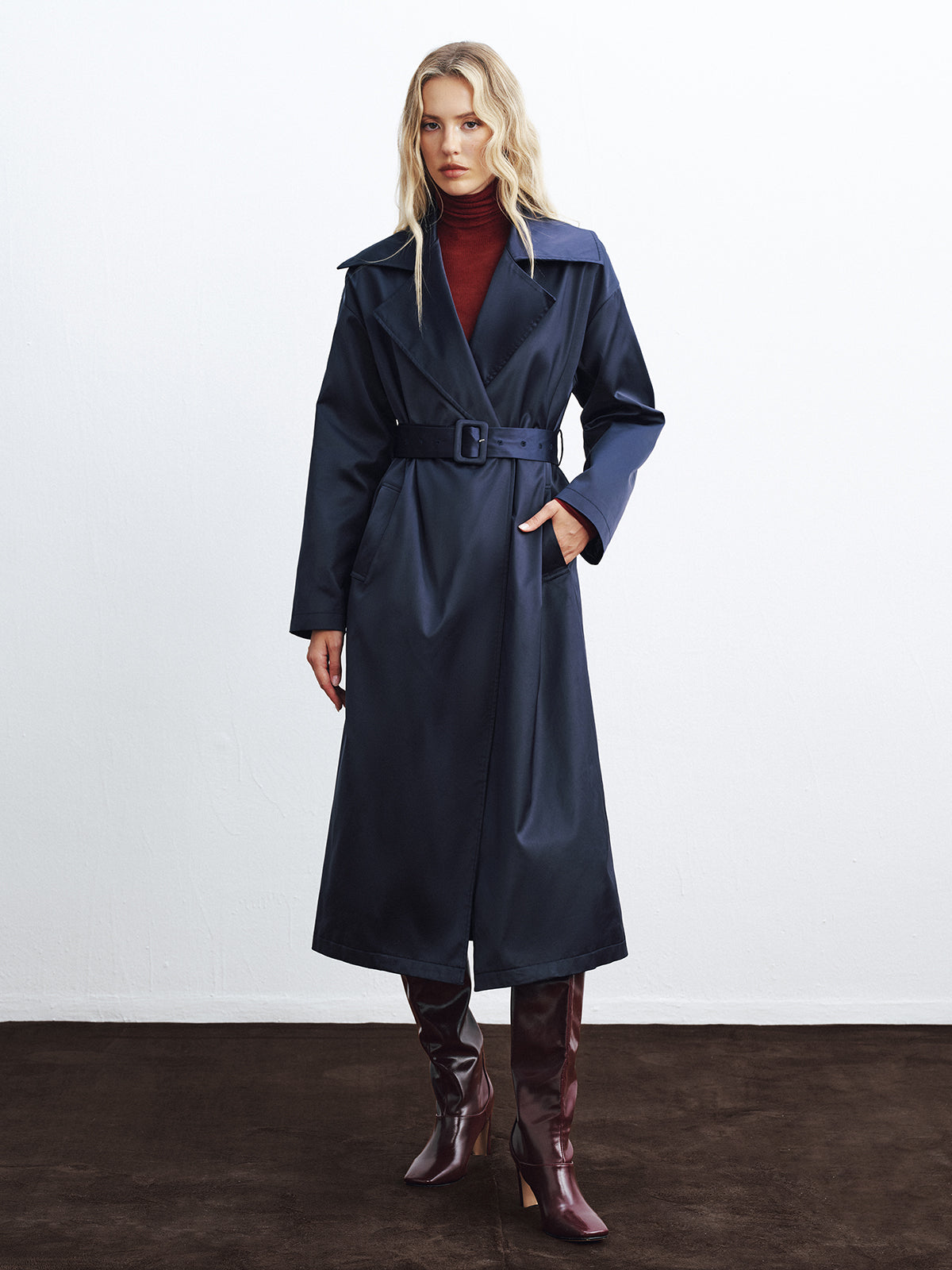 Belted Satin Long Trench Coat-Chicvia