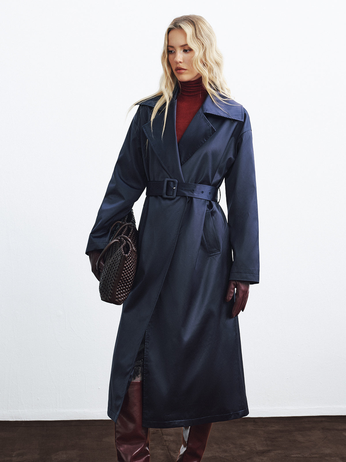 Belted Satin Long Trench Coat-Chicvia