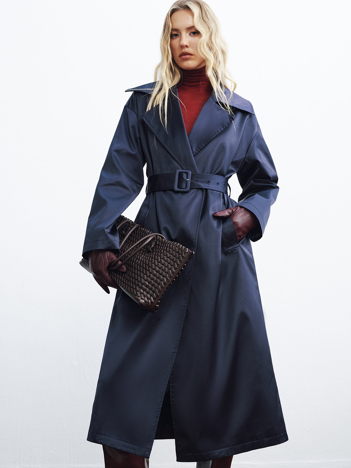 Belted Satin Long Trench Coat-Chicvia