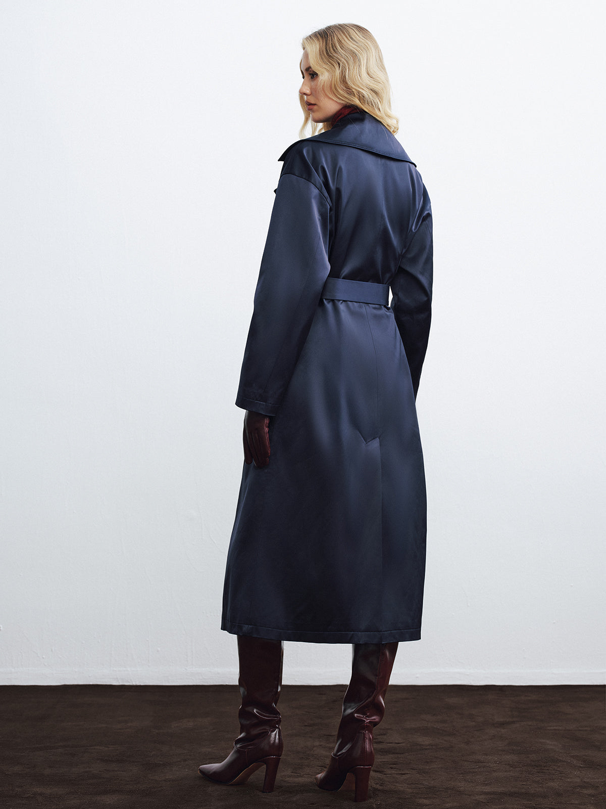 Belted Satin Long Trench Coat-Chicvia