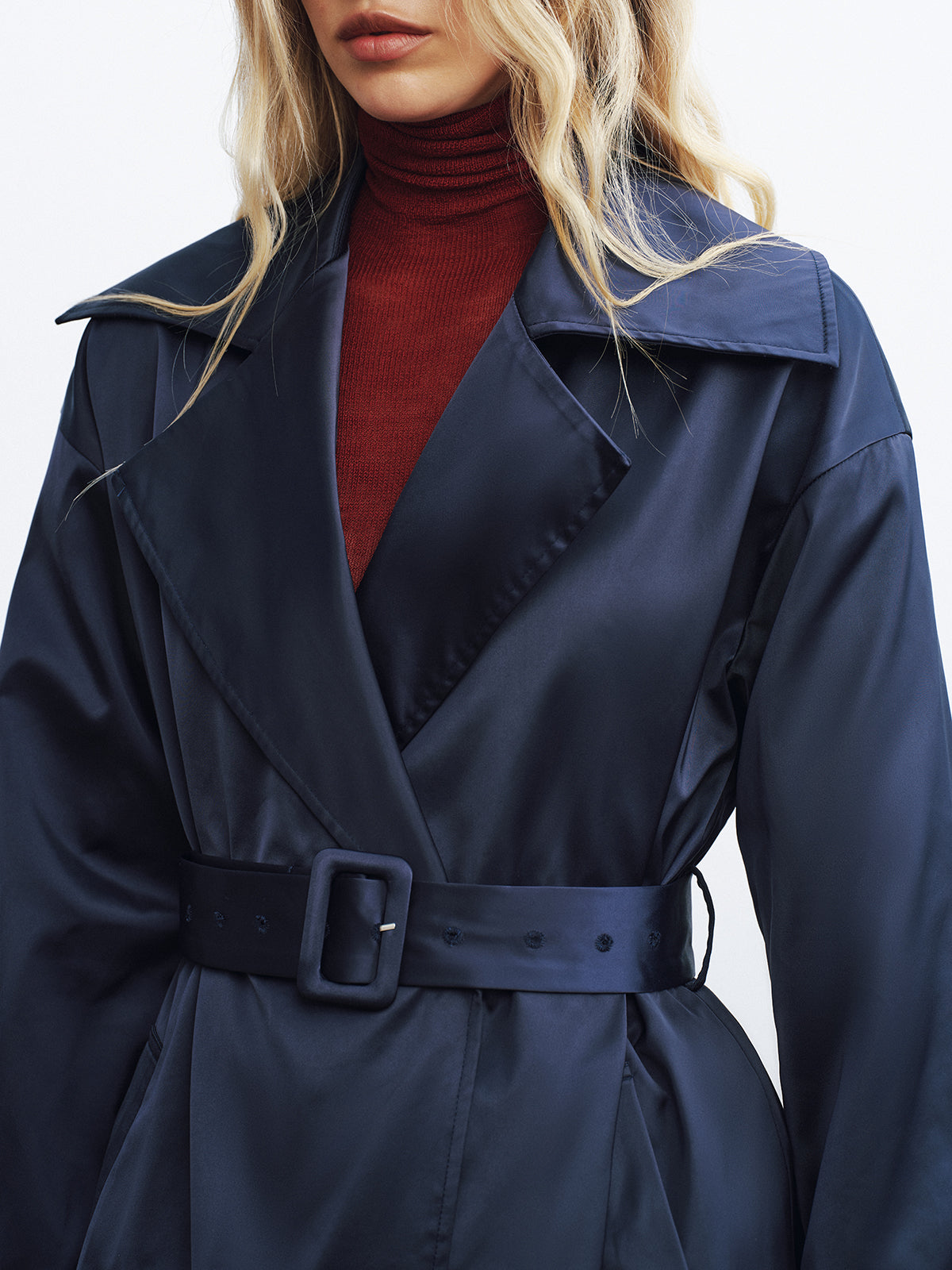 Belted Satin Long Trench Coat-Chicvia