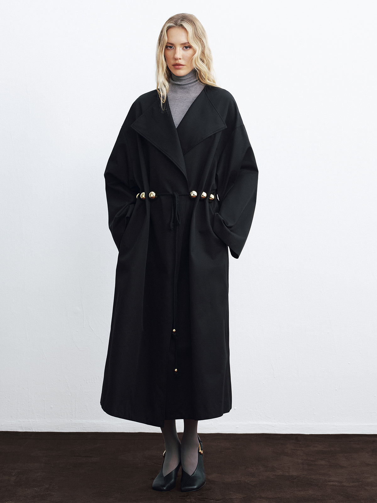 Metal Detail Tie-Belt Oversized Long Trench Coat-Chicvia